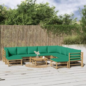 11-dielna záhradná sedacia súprava zelené vankúše bambus