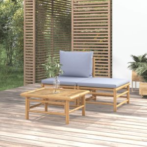 3-dielna záhradná sedacia súprava svetlosivé vankúše bambus