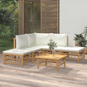6-dielna záhradná sedacia súprava krémovo-biele vankúše bambus