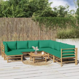 9-dielna záhradná sedacia súprava zelené vankúše bambus