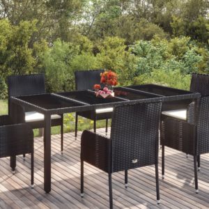 Záhradný stôl so sklenenou doskou čierny 190x90x75 cm polyratan