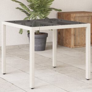 Záhradný stôl so sklenenou doskou biely 90x90x75 cm polyratan