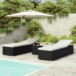 3-dielne záhradné lehátka s čajovým stolíkom čierne polyratanové