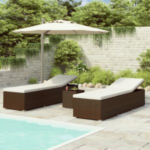 3-dielne záhradné lehátka s čajovým stolíkom hnedé polyratanové