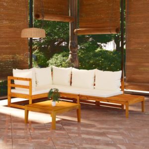 4-dielna záhradná sedacia súprava s krémovo-bielymi podložkami akáciové drevo