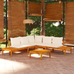 4-dielny záhradný sedací set krémovo-biele sedáky akáciové drevo
