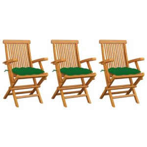 Záhradné stoličky so zelenými podložkami 3 ks tíkový masív